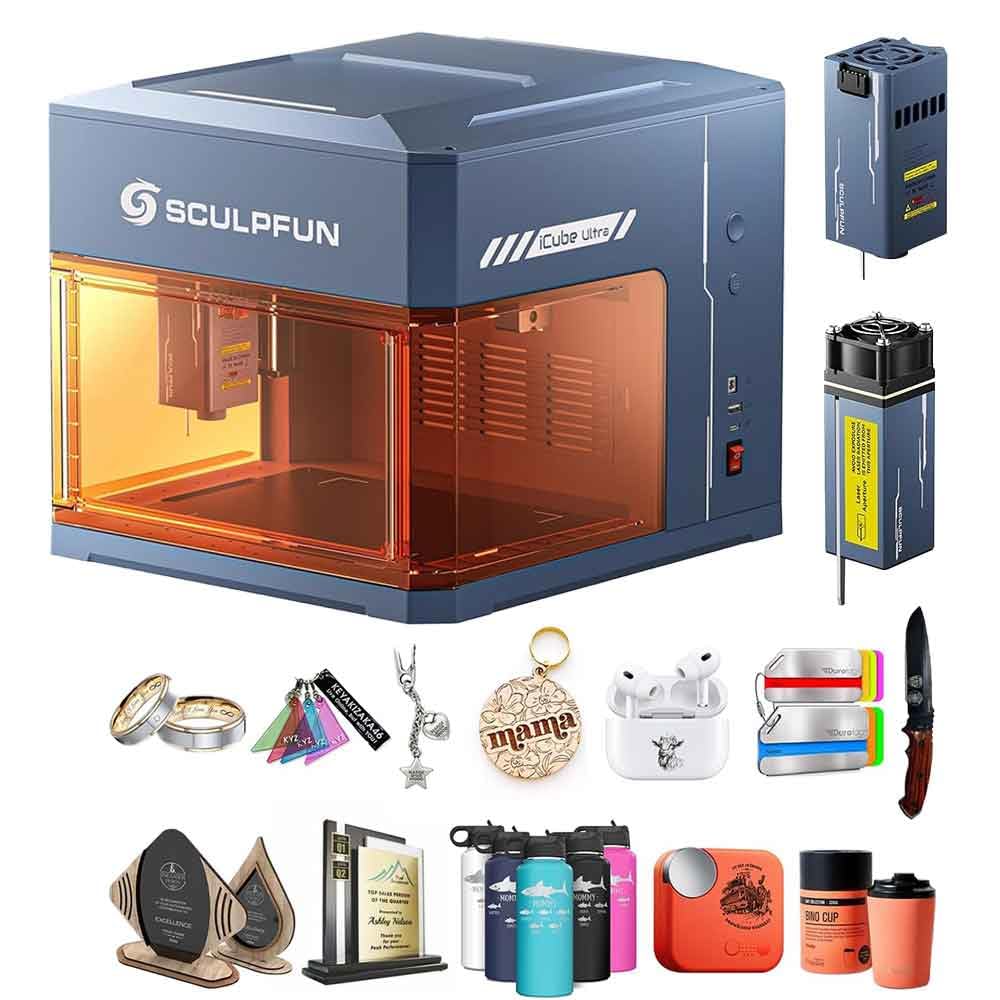 SCULPFUN iCube Ultra Dual Laser Engraver, 12W Diode + 1.2W Infrared, Auto Focus Function, with Smoke Filter, Desktop Engraving Machine for Jewelry, Metal, Wood & Leather, 5.9 * 5.3" Working Area