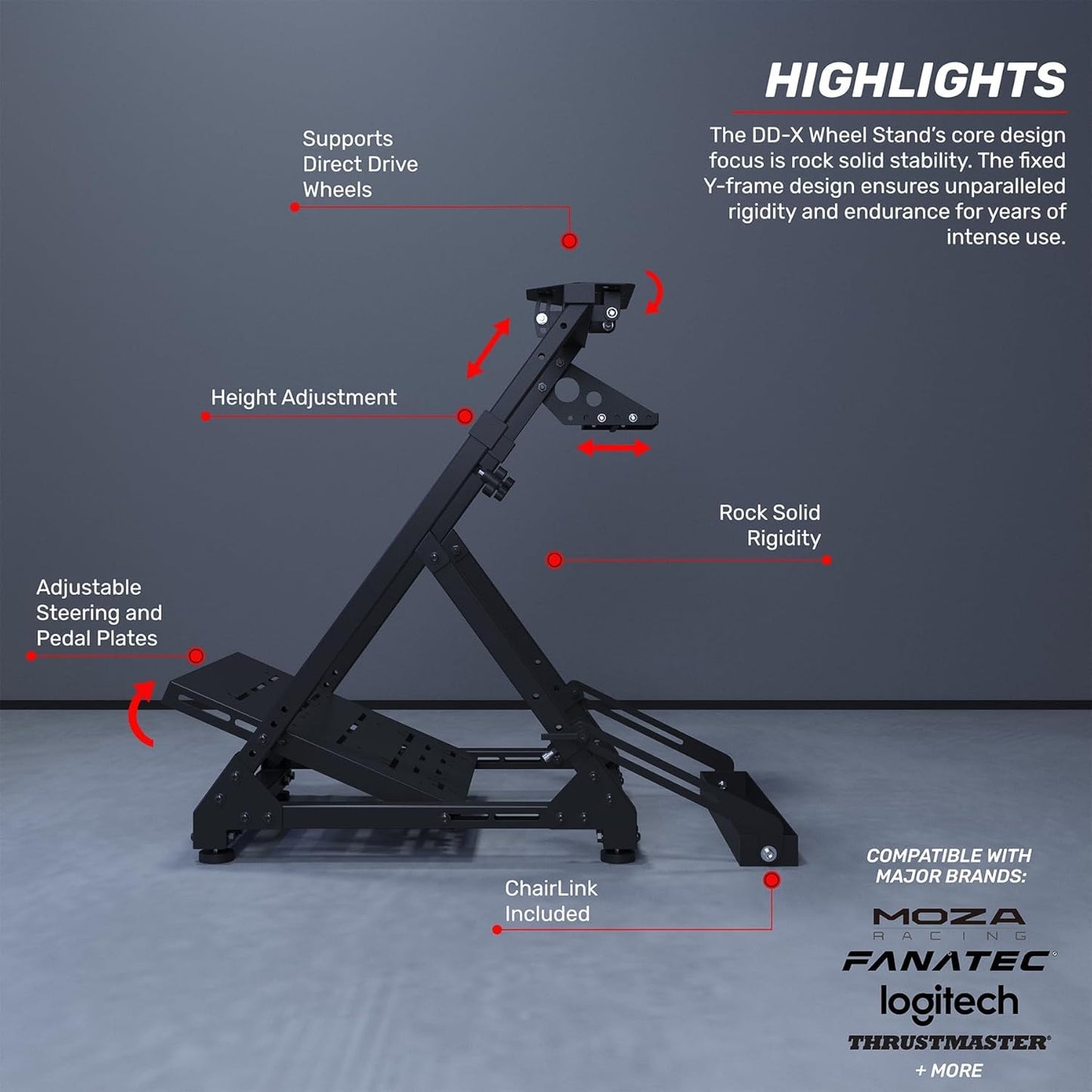 GT OMEGA DD-X Wheel Stand - Provides Incredible Stability, Angle & Height Adjustment, Includes an Adjustable Gear Shifter Mount