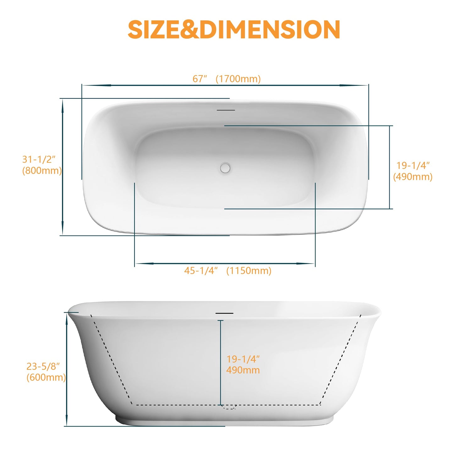 Adecab 67" Acrylic Freestanding Bathtub, Soaking Tub for Bathroom, Stand Alone Tub, cUPC Certified, Integrated Overflow and Drain, Gloss White