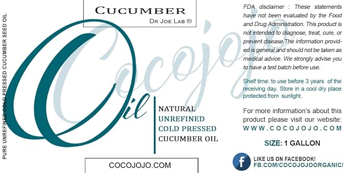 Dr Joe Lab Cucumber Seed Oil - Pure, Unrefined, Cold Pressed, Undiluted, Non-GMO, Virgin Carrier Oil for Skin, Hair, Nails, Body, Face, Beard - 1 Gallon - Nourishing Hydrating Moisturizing Bulk