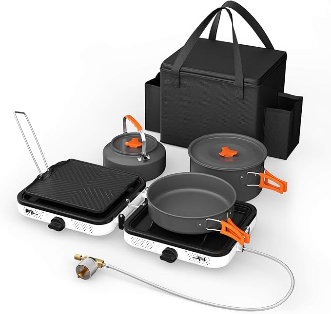 Hisencn Camping Stove,2 Burner Propane Stove,20000 BTU/h Camping Cooking set Includes Frying Pan,Kettle and Pot,Adjustable...