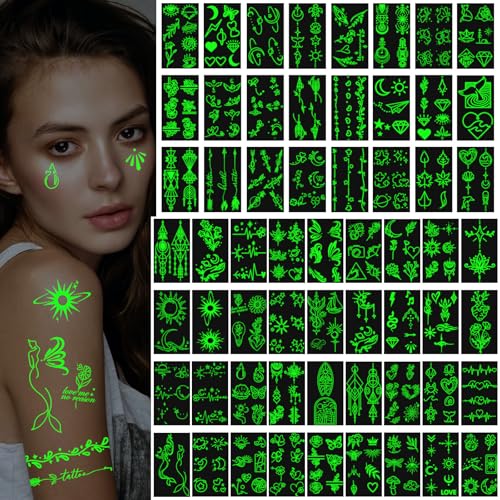 60 Sheets Glow in the Dark Temporary Tattoos, Minimalism Luminous Fake Tattoos Stickers for Adults Men Women Halloween Rav...