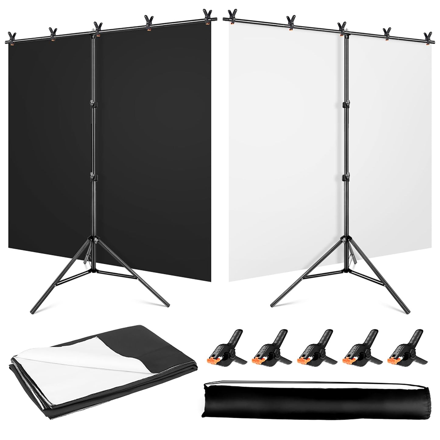 Black White Backdrop Screen with Stand Kit 5x6.5ft for Photo Video Studio, 2-in-1 Revisible Black Backdrop White Screen with T-Shaped Photography Background Support Stand and 5 Clamps