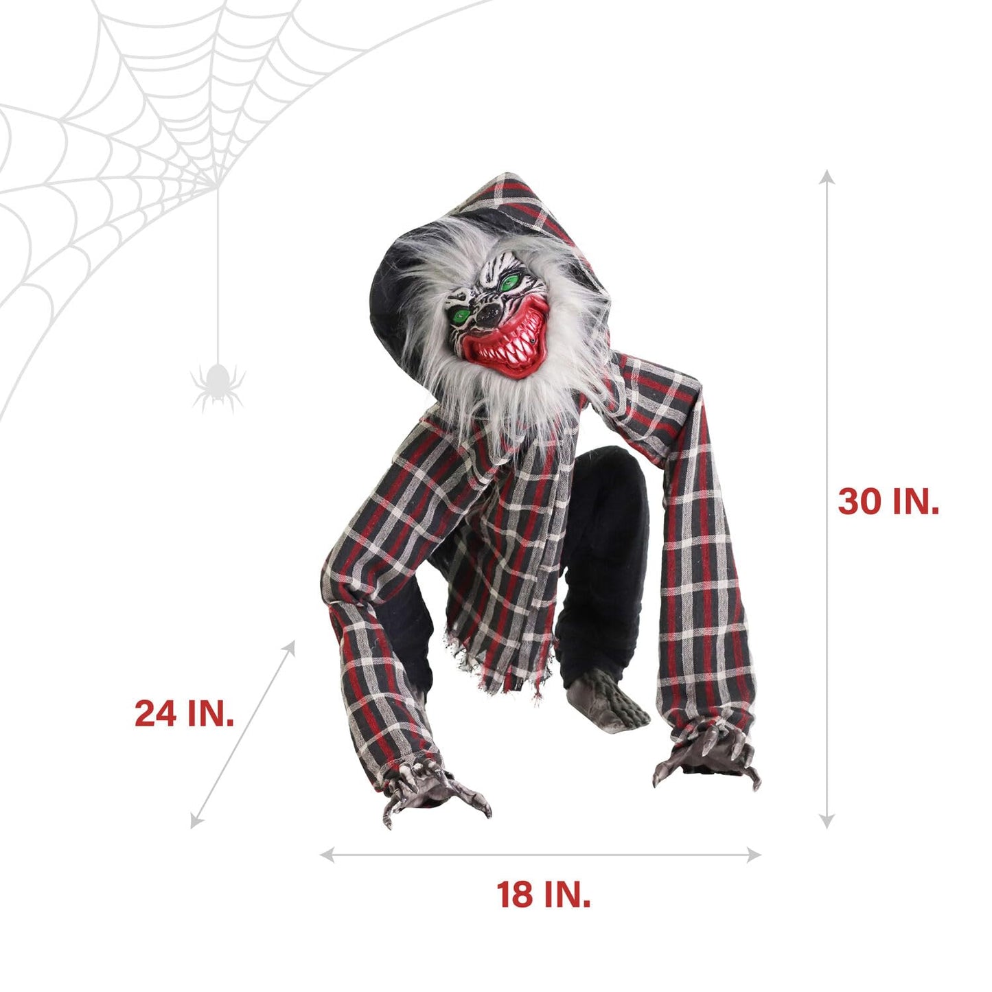 Haunted Hill Farm Squatting Werewolf Animatronic with Movement,Sounds,and Light-Up Eyes for Scary Halloween Decoration,24 x 18 x 30