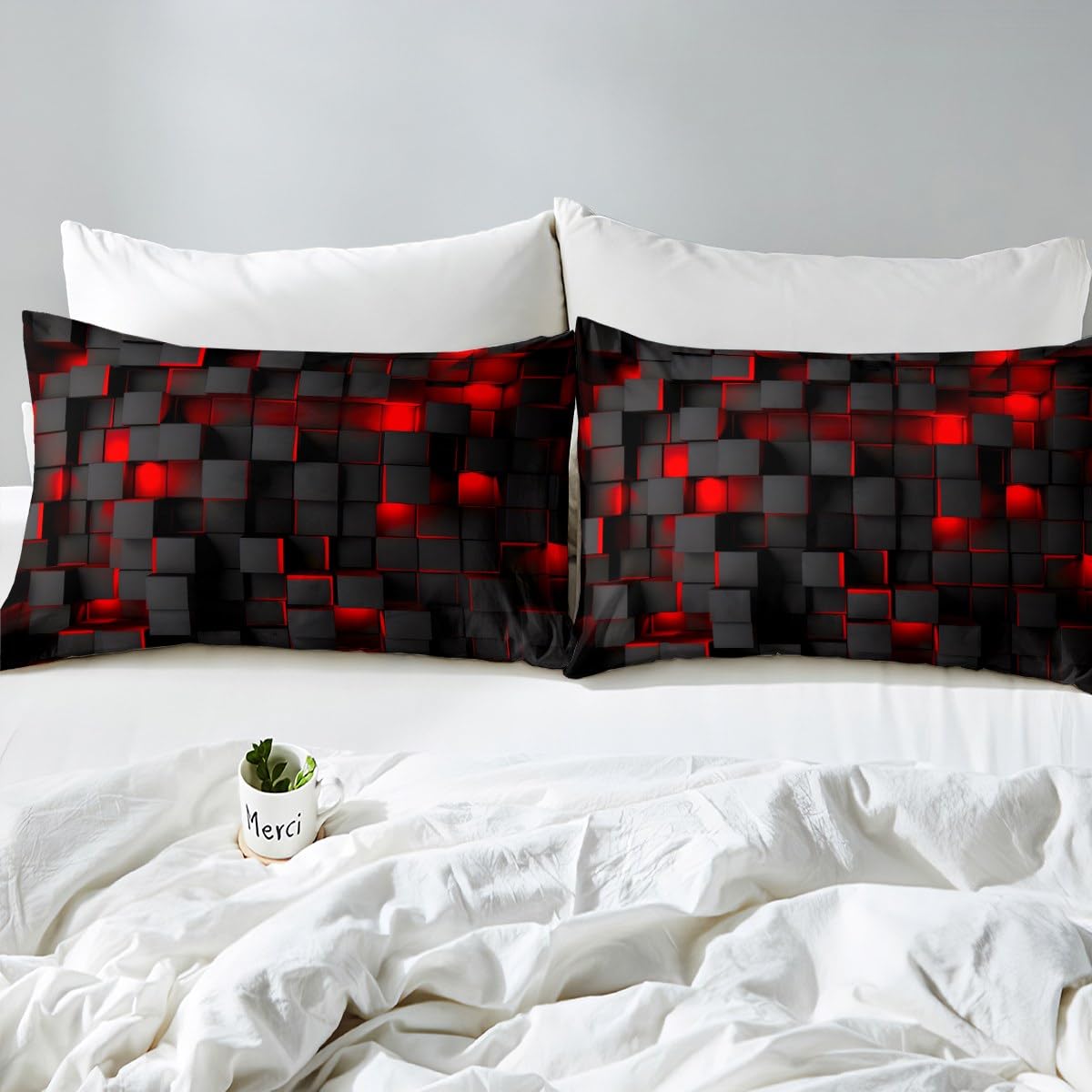Feelyou Red and Black Bedding Set Queen Size Light Geometric Comforter Set for Kids Boys Girls Geometry Decor Comforter Modern Duvet Set