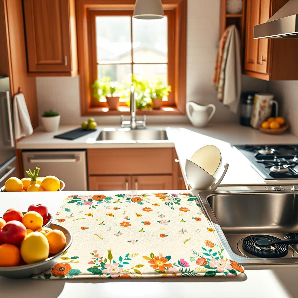 Flower Drying Mat 16" X 18" Fall Orange Floral Kitchen Counter Stone Large Dish Drying Mats For Kitchen Fall Leaf Drying Mats For Home Counter Fall Drying Mats For Dishes Dish Table Mat Drying Mat