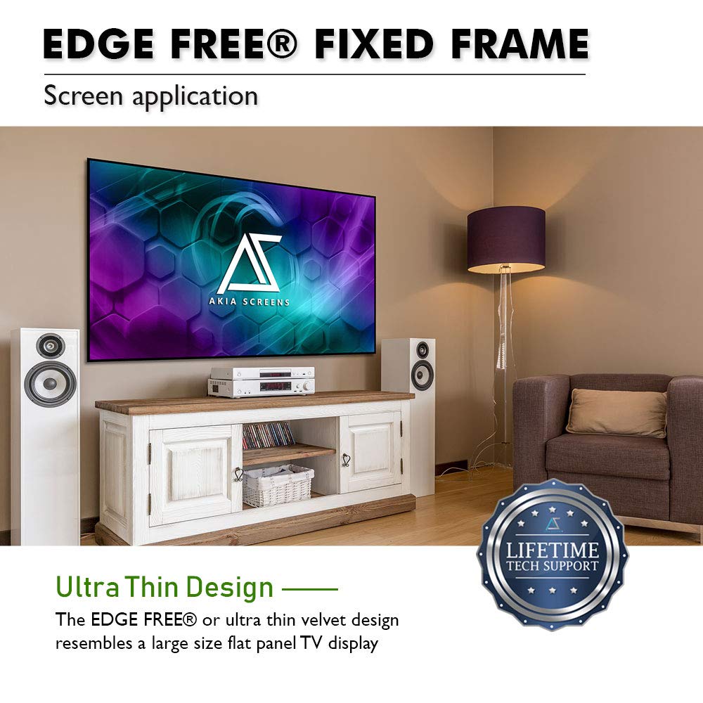 Akia Screens 100 Inch Edge Free Fixed Frame Projector Screen 16:9 – CineWhite UHD-B 1.3 Gain – 8K 4K Ultra HD 3D Ready – Indoor Home Theater Wall Mount Screen AK-NB100H1