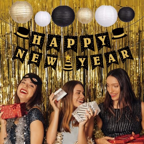 New Years Decorations 2026 – Gold Black White Happy New Year Decorations Kit with Banner, Balloons, Fringe Curtains, Lante...