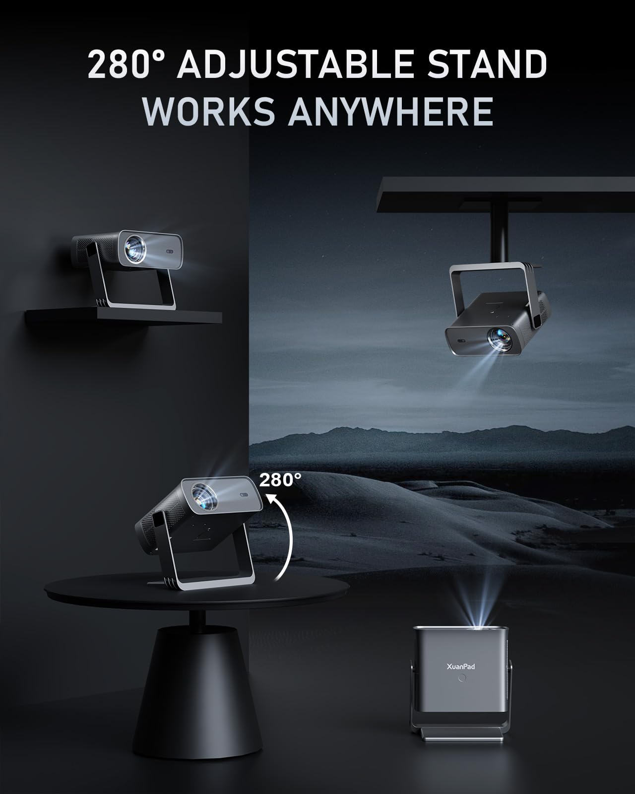 [Officially-Licensed App & Auto Focus] Light Grey Smart Standard Projector with WiFi and Bluetooth, XuanPad 4K Support Movie Projector, Portable Native 1080P Outdoor Projector with 360° Stand