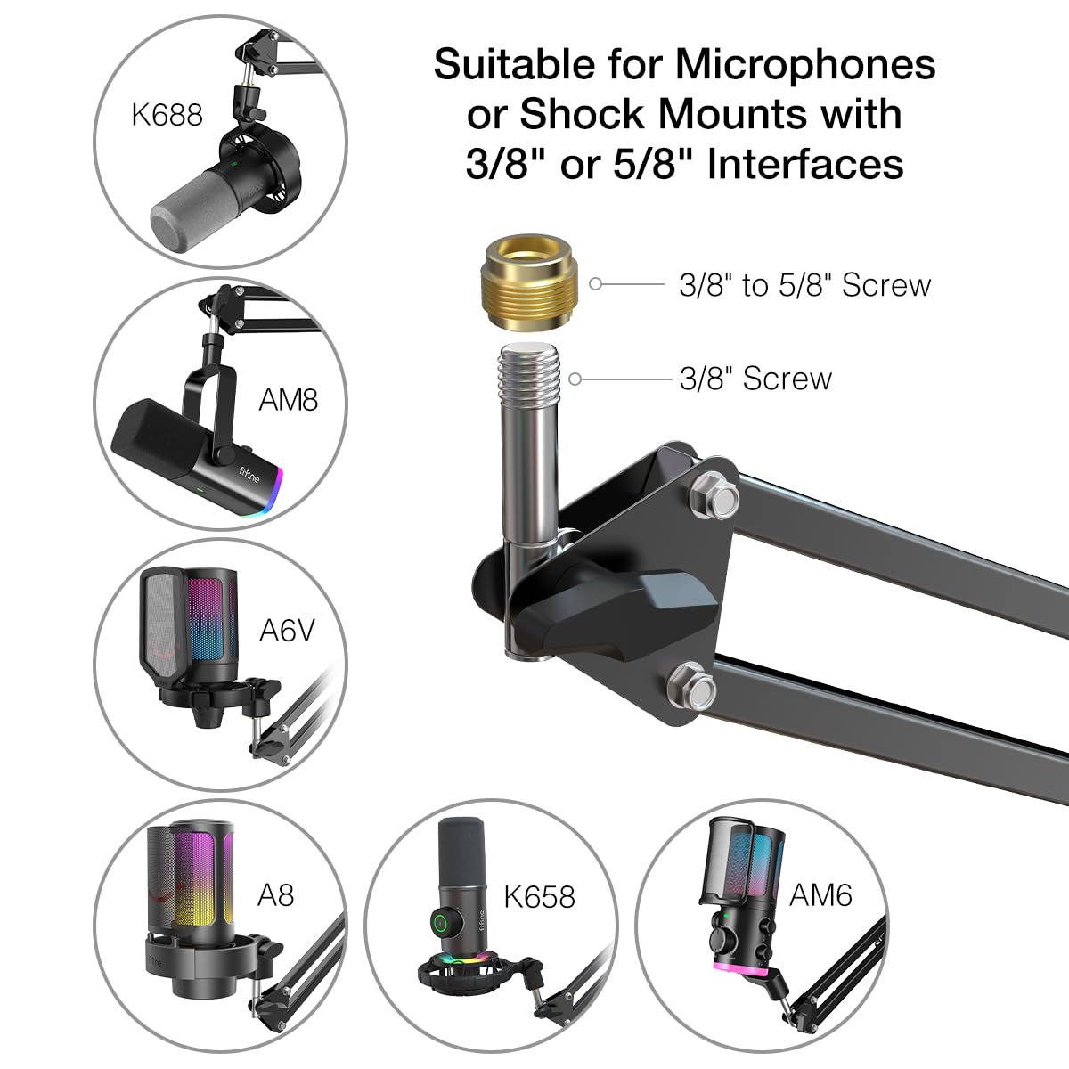 Microphone Arm Stand, Fifine Suspension Boom Scissor Mic Stand With Heavy Duty Clamp, 3/8 To 5/8 Adapter, For Voice-Over, Gaming
