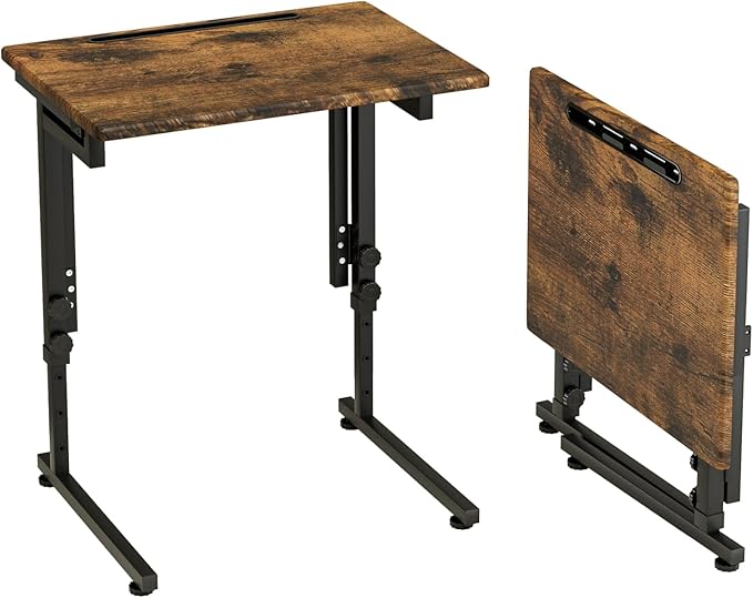 Fleecy day Adjustable Folding TV Tray Table,TV Dinner Small Foldable C-Shaped End Table for Eating,6 Height Adjustable Slide Under Couch Side with Sturdy MDF Top,No Assembly(Brown)