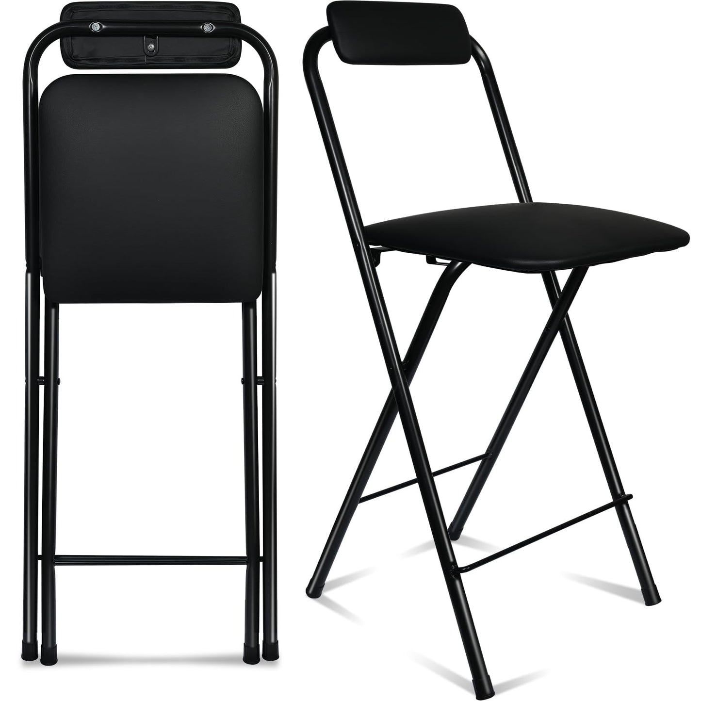 FATOLRD Folding Bar Stool with Back, 1 pcs Tall Foldable Stool Chair Portable Adult Collapsible Stools Counter Height Seat Leather Padded Kitchen Shop Comfortable Sturdy