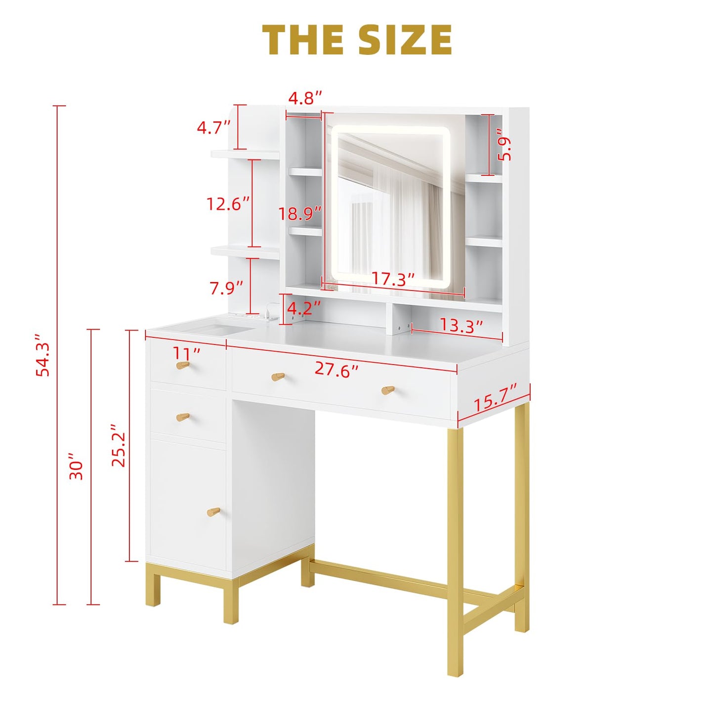 PeacefulHues White Vanity Desk with Mirror and Lights, Makeup Desk Dressing Table with LED Lighted Mirror & Power Outlet,3 Lighting Color for Bedroom