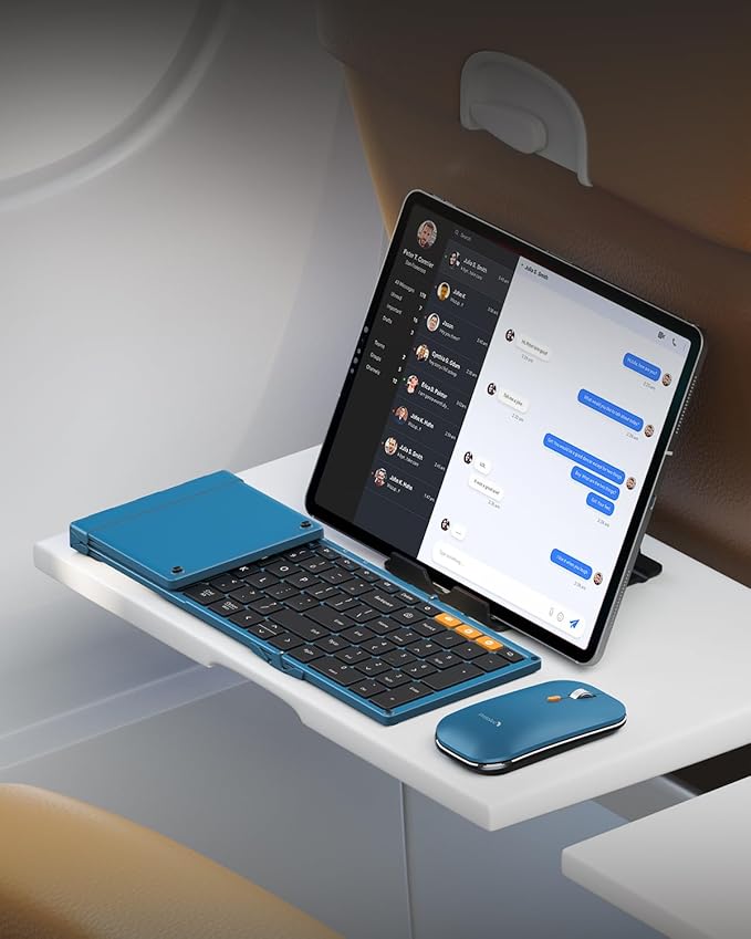 ProtoArc Foldable Keyboard and Mouse, XKM01 True Full-Size Folding Wireless Keyboard Mouse Combo for Business Travel, a Portable Office Suite On-The-Go, Compatible with Laptop iPad Tablet - Blue
