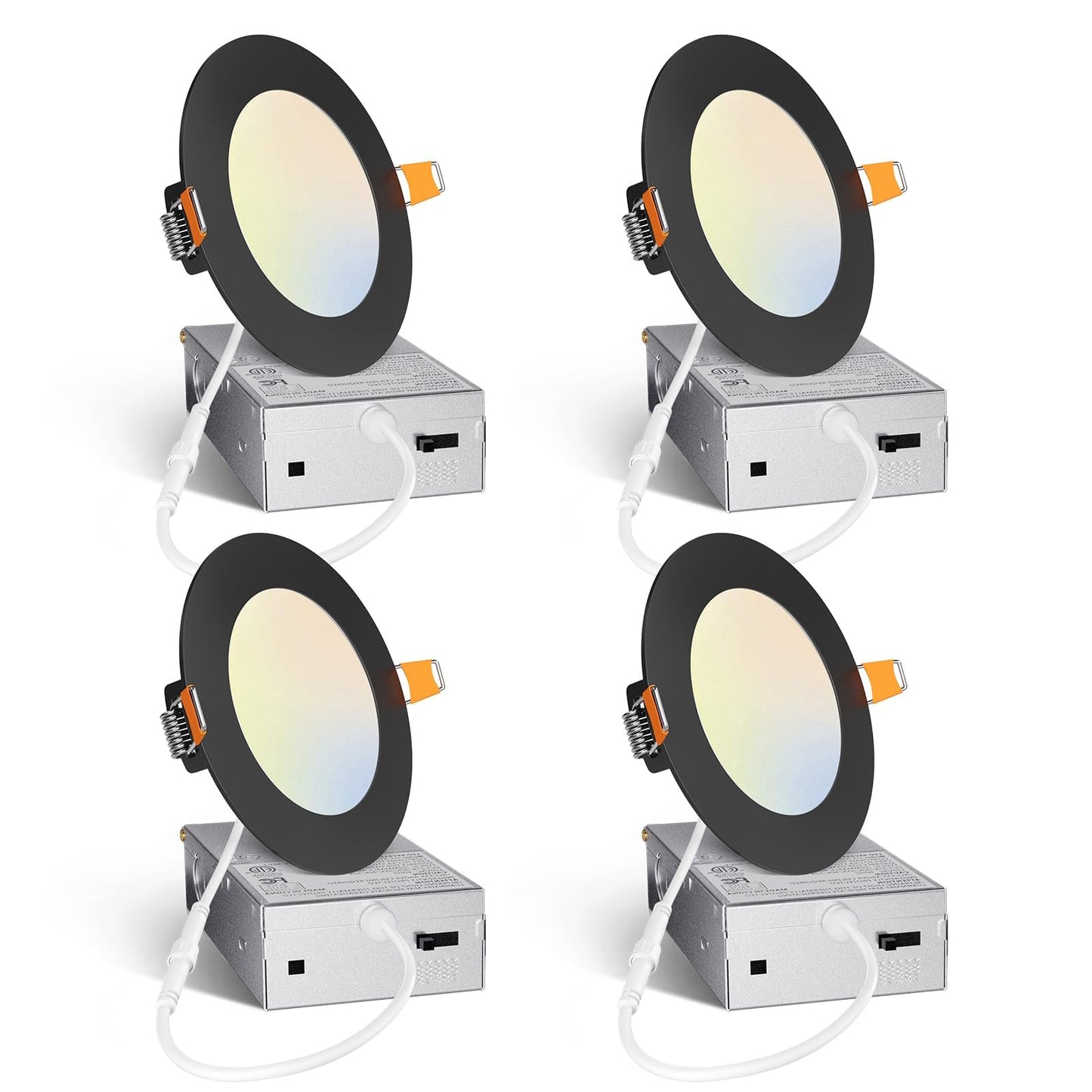Amico 4 Pack 4 Inch Black 5CCT Ultra-Thin LED Recessed Light with Junction Box, 2700K/3000K/3500K/4000K/5000K Selectable, 10W Eqv 60W 800LM Dimmable Canless Wafer Downlight, ETL & FCC