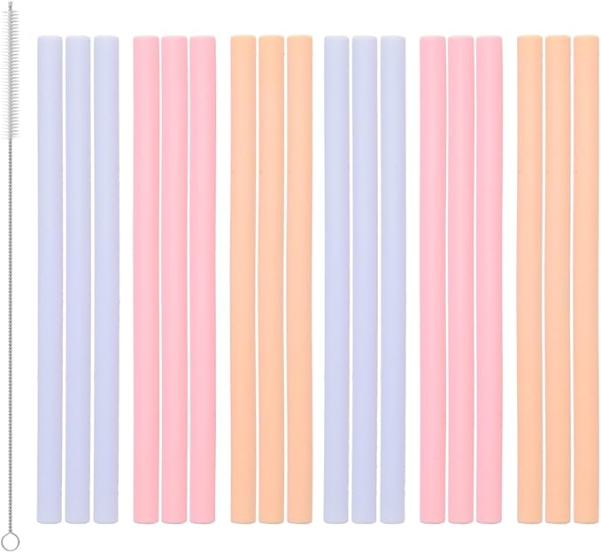 Silicone Straws Reusable – 18 Pack Extra Long Food Grade Rubber Straws with Cleaning Brush, Soft Flexible Silicone Reusable Straw for Smoothies, Coffee & 20oz 30oz Tumblers (Beige)