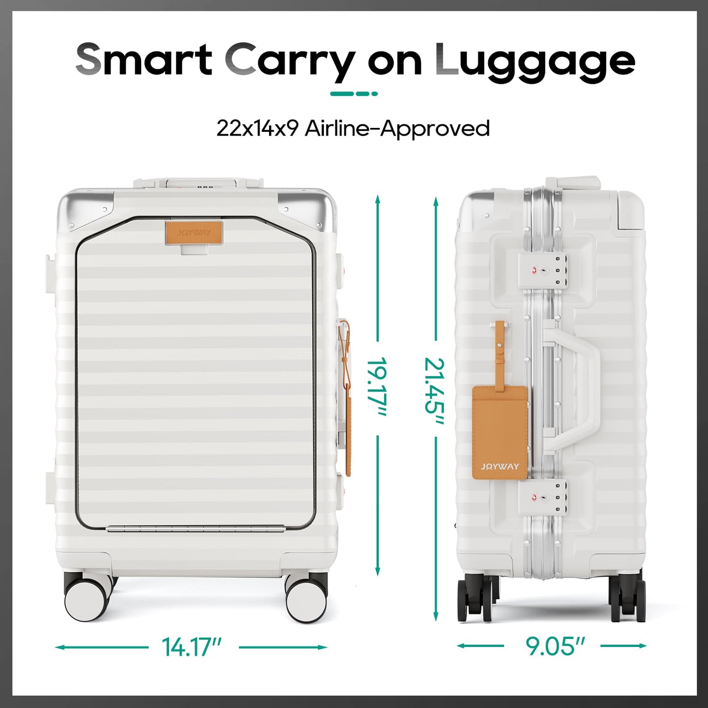 Joyway 20 Inch Carry on Luggage with Aluminium Frame and Front Pocket, PC Hardshell Suitcase with USB Port and Cup Holder, 21.5x14.2x9 Airline Approved, Luggage with Spinner Wheels and TSA Lock(White)