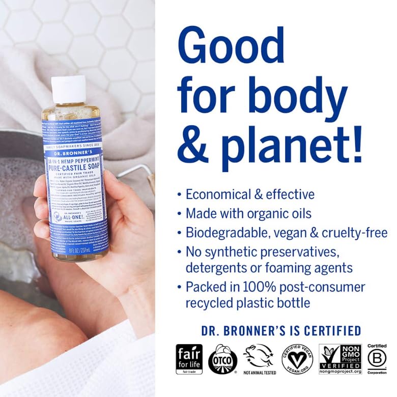 Dr. Bronners Pure-Castile Magic Liquid Soap (Peppermint, 8 Ounce)- Made with Organic Oils, 18-in1 Uses: Face, Hair, Hand & Body
