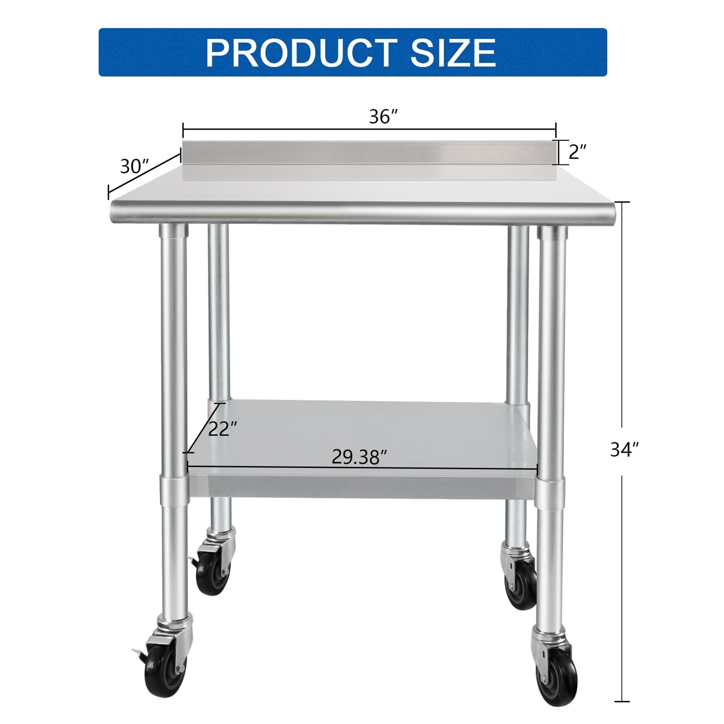 HARDURA Stainless Steel Table 30 x 36 Inches with Wheels Casters NSF Heavy Duty Commercial Prep Table with 2” Backsplash and Adjustable Undershelf for Restaurant Kitchen Home and Hotel