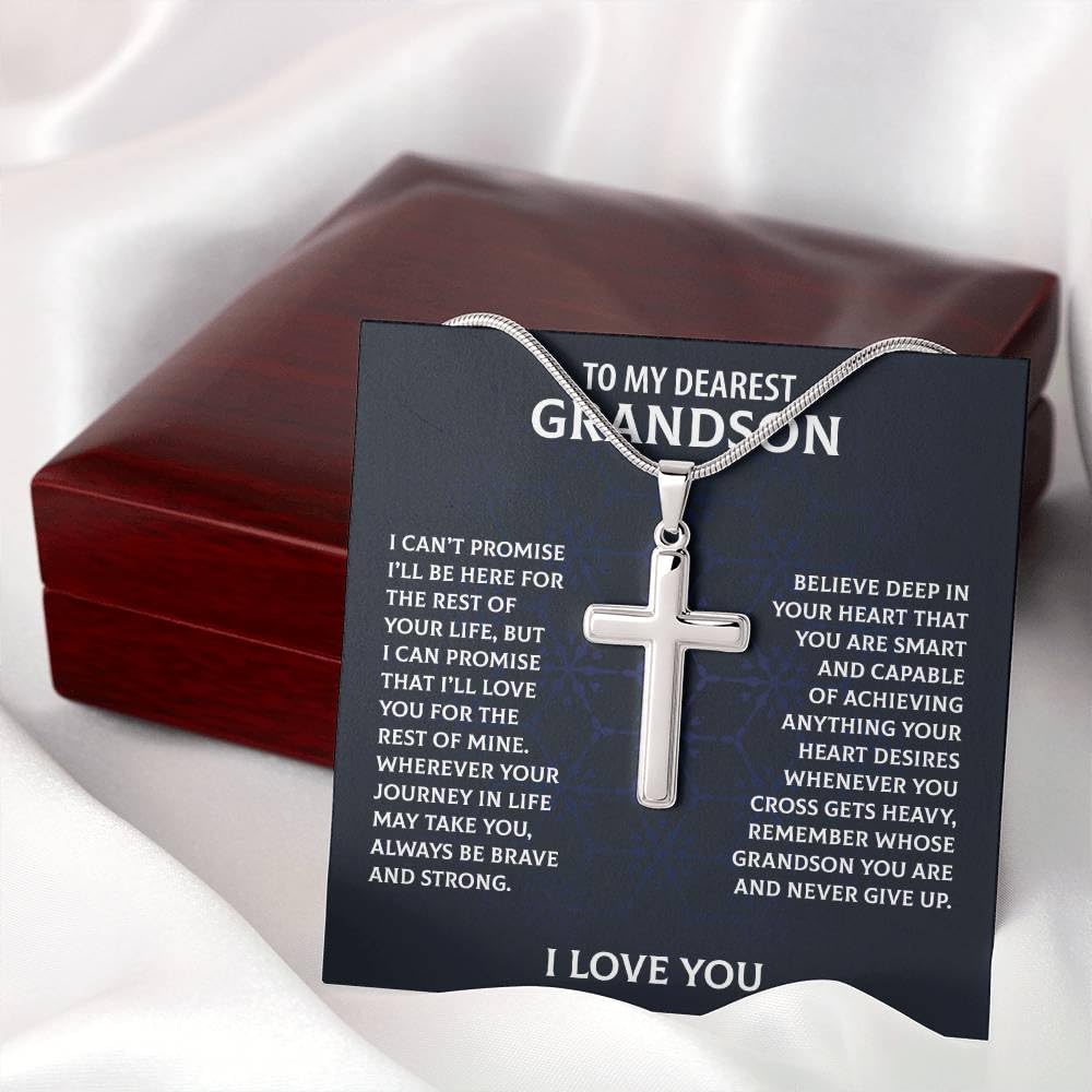 FLOWER TKV My Grandson Personalized Cross Necklace, Gift For Grandson From Grandma Grandpa, Graduation Birthday Birthday Christmas Cross Necklace Gift (Luxury Box w/LED, Brave &Strong)