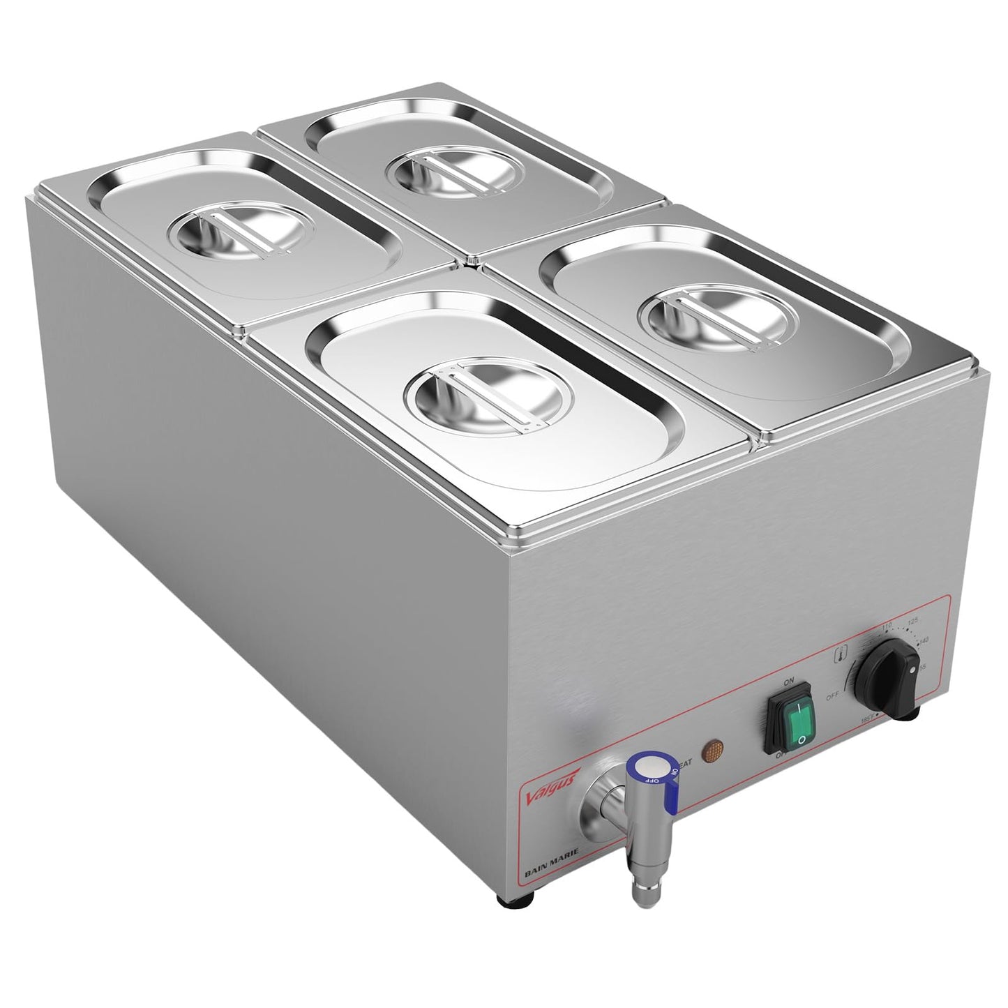 Valgus Commercial Stainless Steel 4 Sections Bain Marie Food Warmer 16 Qt Buffet Server with Lid and Tap for Home, Catering, Restaurants