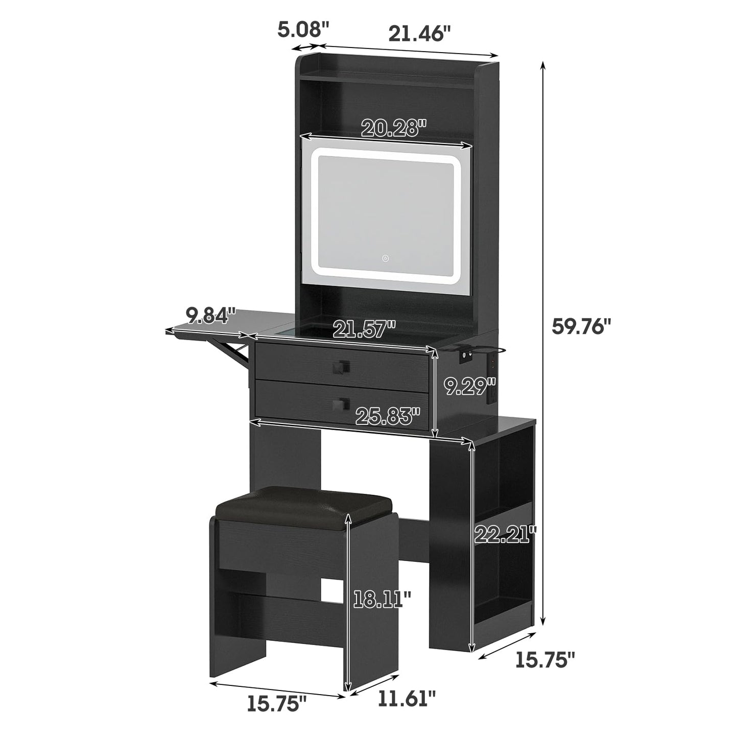 Vabches Small Makeup Vanity Desk, 3 Adjustable Lighted Mirror, White Vanity Set, Fold-up Panel, Charging Station, Glass Top, Drawers, Chair, 2 Hidden Storage Shelves (Black)