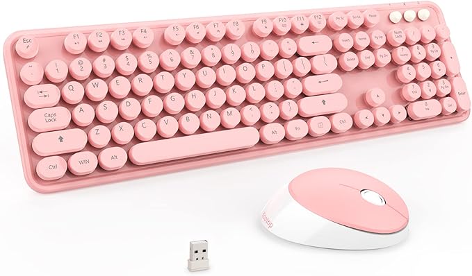 Kootop Wireless Keyboard and Mouse Combo, Cute Colorful 104 Keys Typewriter Retro Round Keycaps Keyboard for PC Laptop,Desktop,Windows, Home and Office Keyboards(Pink White)