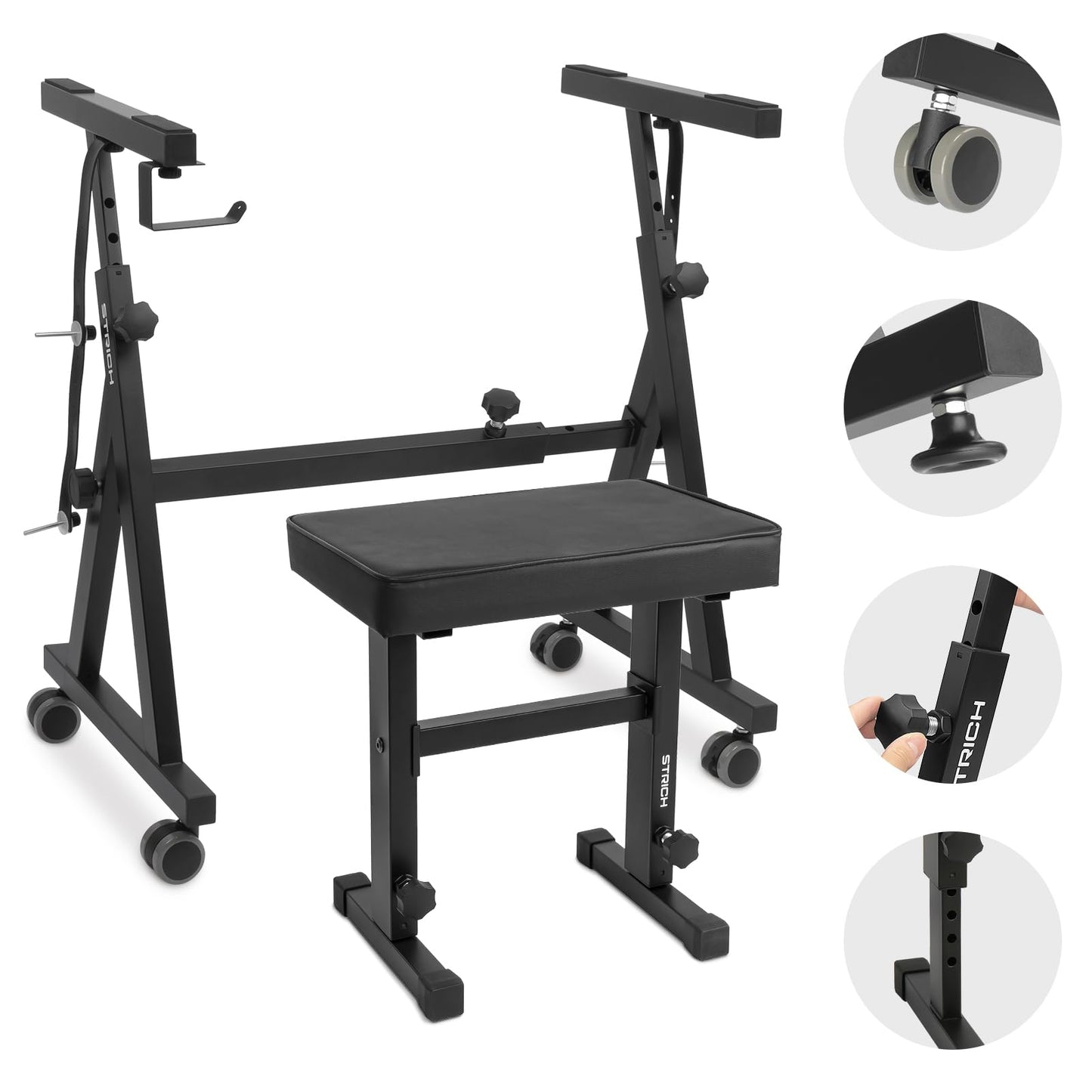 STRICH Piano Keyboard Stand Stool Set, Portable Heavy Duty Stand for 54-88 Key Electric Digital Pianos & Adjustable Piano Bench, Chair, Black, SKT-02 & SPB-M50