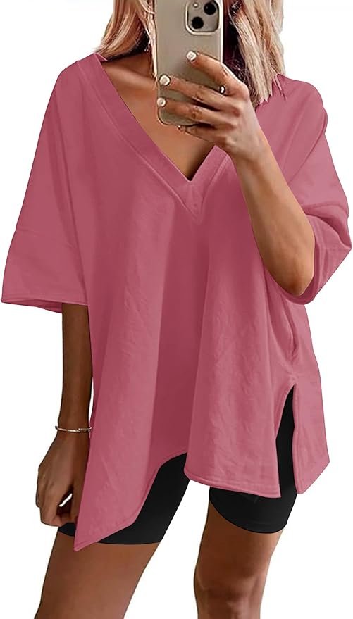 Ekouaer Womens Pajamas 2 Piece Lounge Sets Oversized V Neck T-Shirts Tops Biker Shorts Set Workout Reversible Tracksuit S-XXL