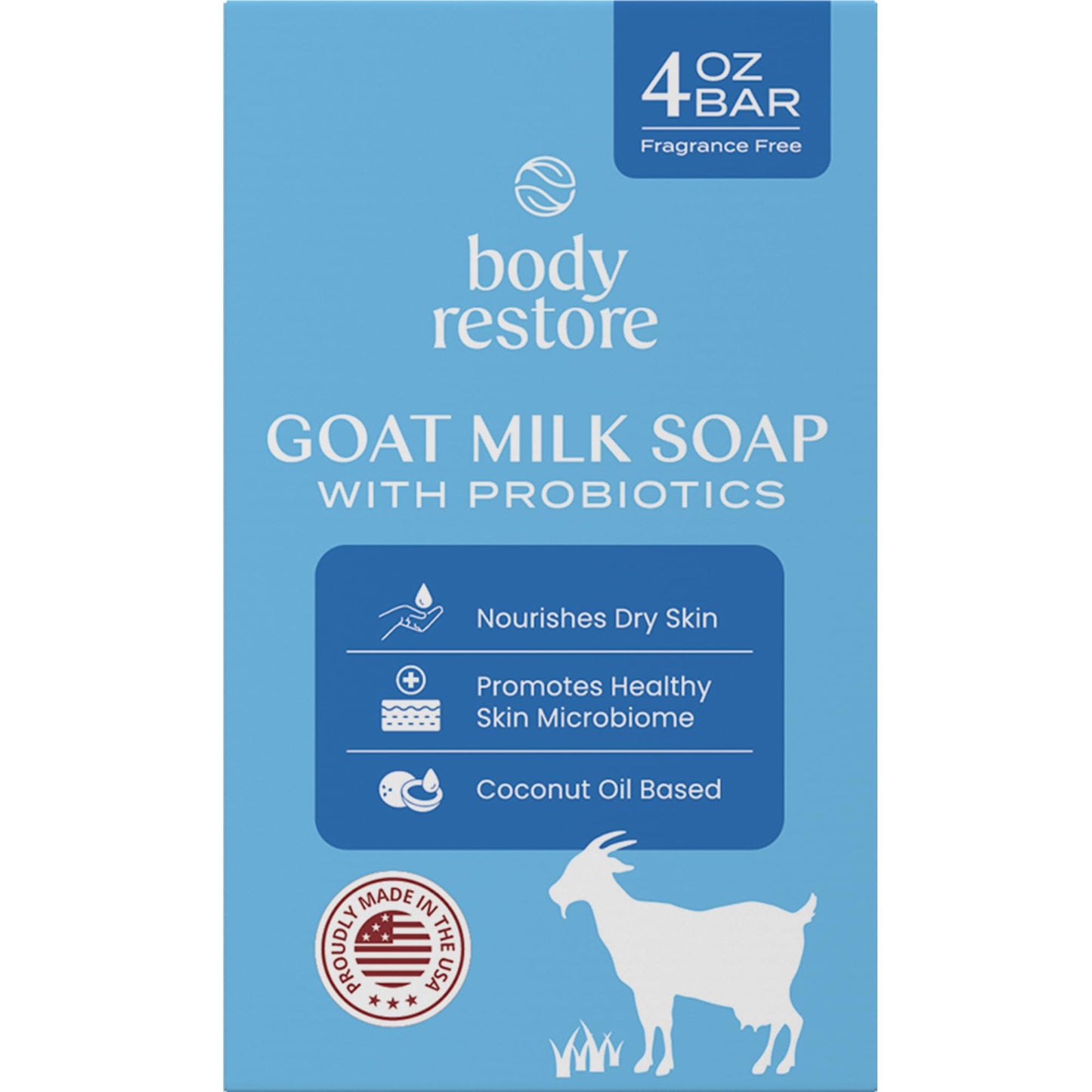Body Restore Goat Milk Soap 4 OZ Bar 1 Pack - Coconut Oil Based, Probiotics, Self Care Gifts for Women, Men, Natural Body, Face