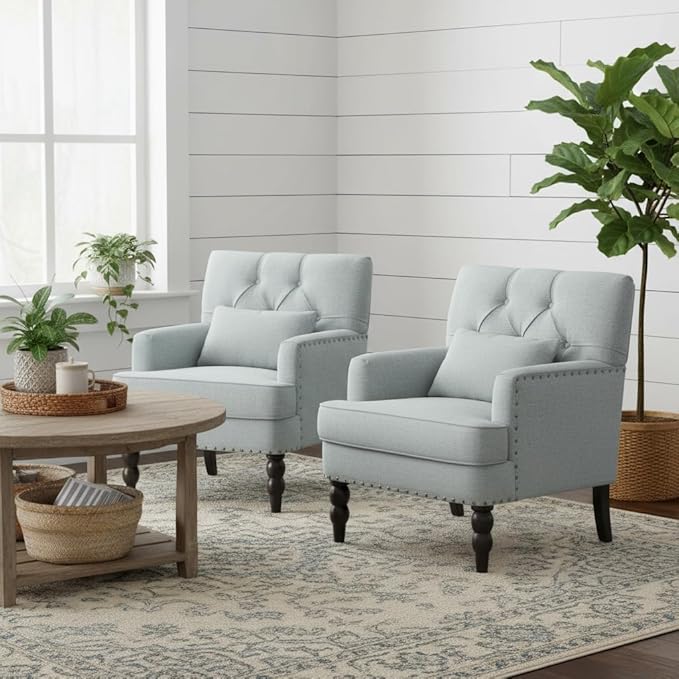 HUIMO Tufted Club Chair,Accent Chair with Lumbar Pillow, Upholstered Button Armchair, Linen Fabric Sofa Chairs for Bedroom, Living Room, Mid Century Modern with Studded Reading Chair Light Blue
