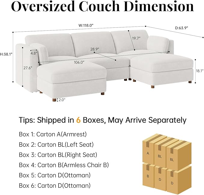 CUGOAO 118'' Modular Sectional Sofa, Oversized U-Shaped Sectional Couch with Ottoman, Deep Seat Chenille Cloud Couch, Mordern Upholstered Couches for Living Room, Apartment, Office, Beige