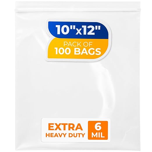10" x 12" Medium Zip Seal Lock Bags, 6 Mil (Pack of 100) – Heavy-Duty Reclosable Plastic Bags – Clear, Resealable, Waterproof – For Storing and Organizing Clothes, Jewelry, and Travel Items