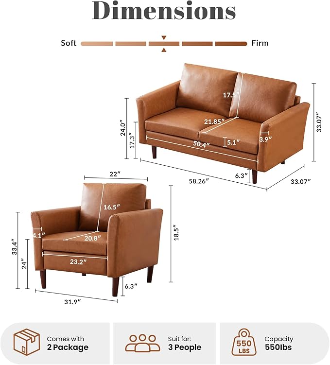 Kingfun Faux Leather 3 Seat Couch for Living Room, Mid Century Modern Sofa with Rolled Arms and Deep Seats, Fluffy Comfort for Apartment, Easy to Assemble, Mid Brown