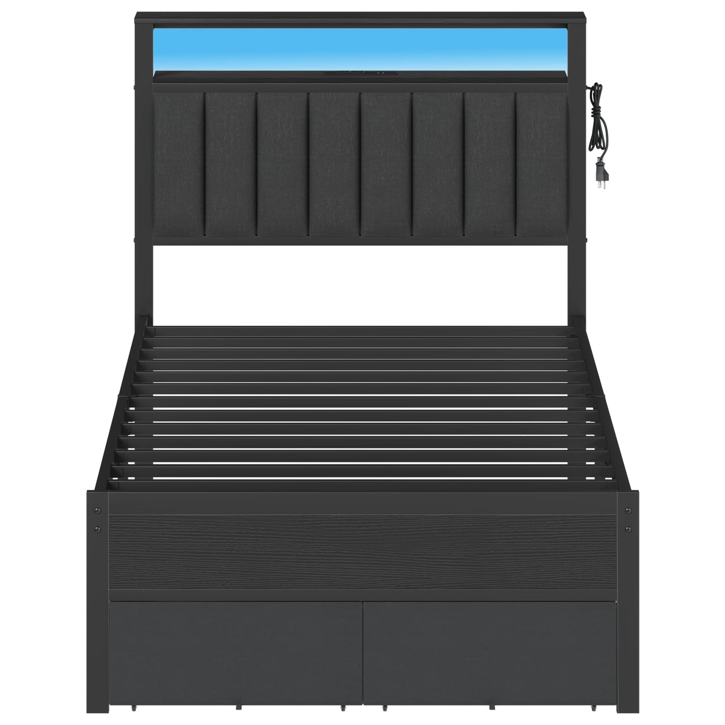 Furnulem Twin Bed Frames with Charging Station and LED Lights, Grey Upholstered Headboard with Shelves, Metal Platform Bed with 2 Under-Bed Storage (Fabric Drawer on Wheels), No Box Spring Needed