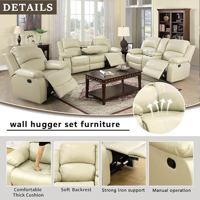 A Ainehome Recliner Sofa Set Living Room Manual Reclining Sofa Bonded Leather Loveseat Chair with Storage Console&Cup Holder Sectional Couch for Living Room/Home(A-Beige Leather, 3 Piece Set)