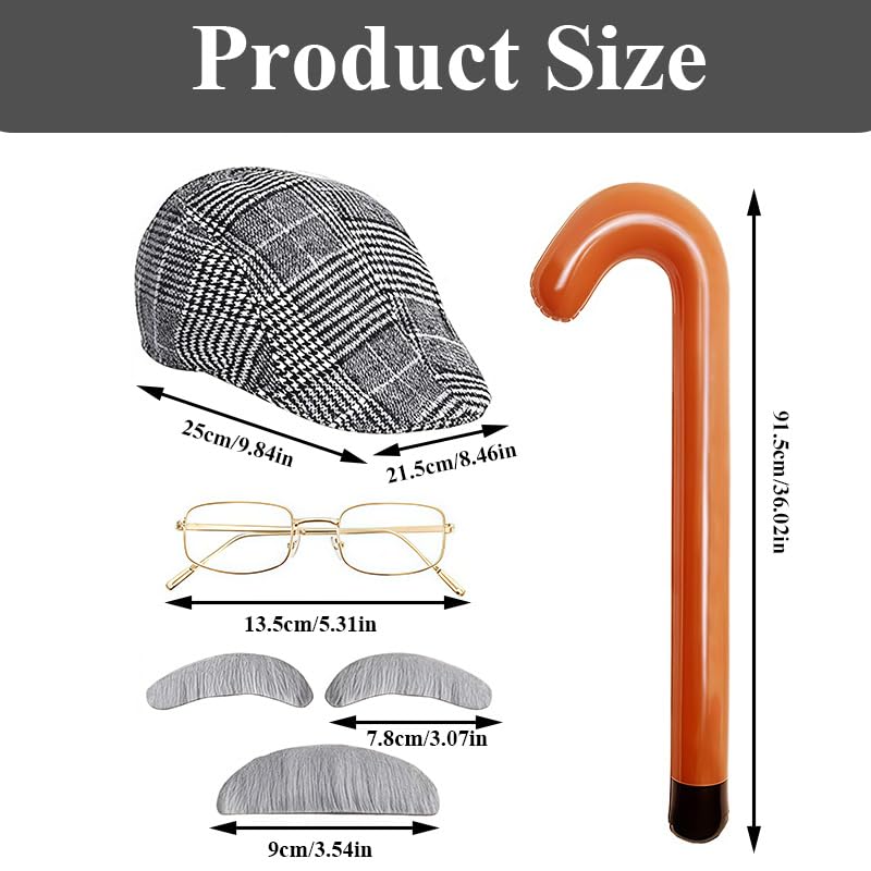 5 Pcs Old Man Costume Set Including Glasses Inflatable Cane Moustache Beret Hat Eyebrows,100 Days of School Costumes Acces...