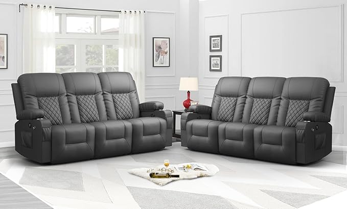 FURNIMAT Oversized Recliner Sofa Set with 3+3 Pieces in Living Room, PU Leather Reclining Couch, Modern Recliner Chair for Living Room, with Cup Holder and 2 Cell Phone Holder, USB Ports, Gray