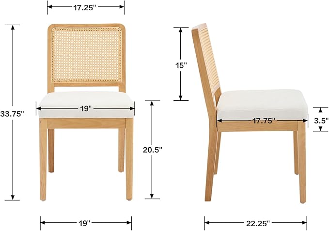 LukeAlon Set of 2 Mid Century Dining Chairs - Farmhouse Kitchen Chairs with Woven Rattan Back, Plush Chenille Upholstered Seats, Solid Wood Legs for Dining Room & Breakfast Nook, White