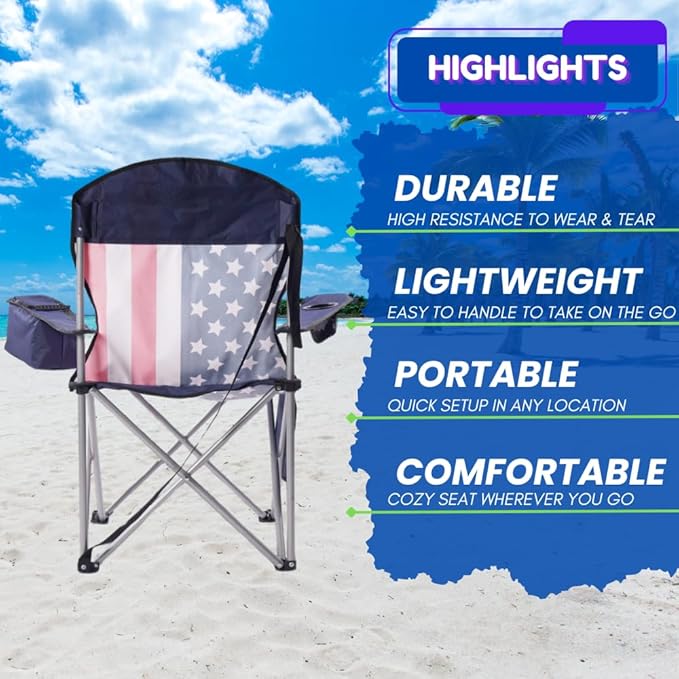 EZONE 2-Pack Camping Chairs with Built-in Ice Cooler, Portable Chair, Storage Pocket, Cup Holder, and Carry Bag Perfect for Camping, Tailgating, Fishing, Beach, and Lawn (2, Flag)