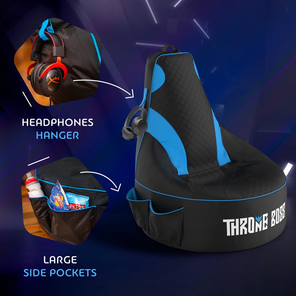 Throne Boss Gaming Bean Bag Chair for Kids [Cover ONLY No Filling] - High Back Beanbag for Boys, Girls, and Gamers with Cup Holder (Black/Blue)