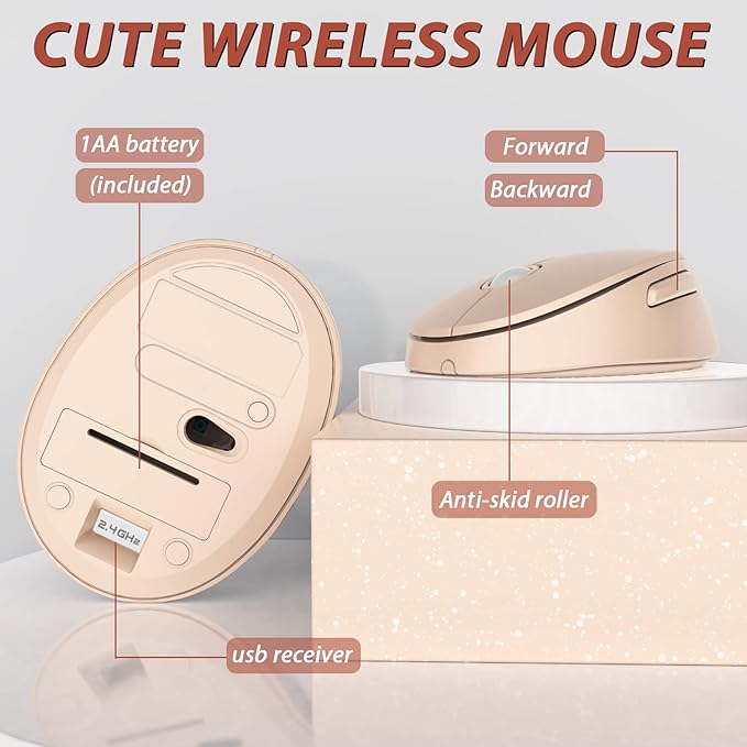 Wireless Keyboard and Mouse, KOOTOP Cute Keyboard and Mouse, 2.4G Wireless Keyboard with Retro Round Keycap for PC, Mac, Laptop,Computer Windows (Milk Tea)