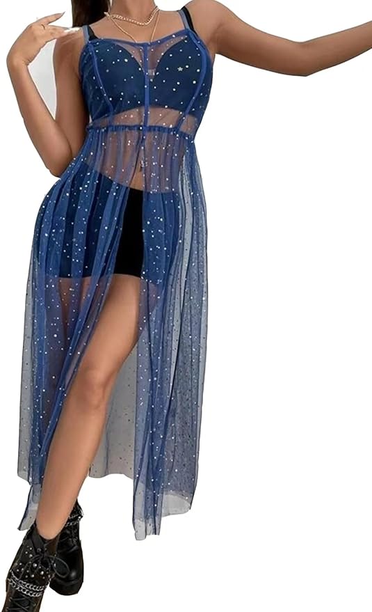 Mluiov Women's Tulle Sheer Mesh Sequin Swimsuit Cover Up Sparkly Flowy Long Maxi Slit Dress Rave Festival Sexy Outfits