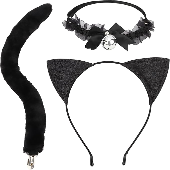 GAFATORY Black Cat Costume with Tail And Bell Collar Set Cat Ears for Women Cat Ears Costume for Halloween Cosplay Party