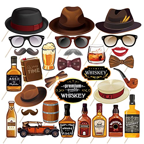 Qpout 30pcs Whiskey Party Photo Booth Props with Sticks, Oktoberfest Photo Booth Props, Men Women Holiday Whiskey Beer Bar...