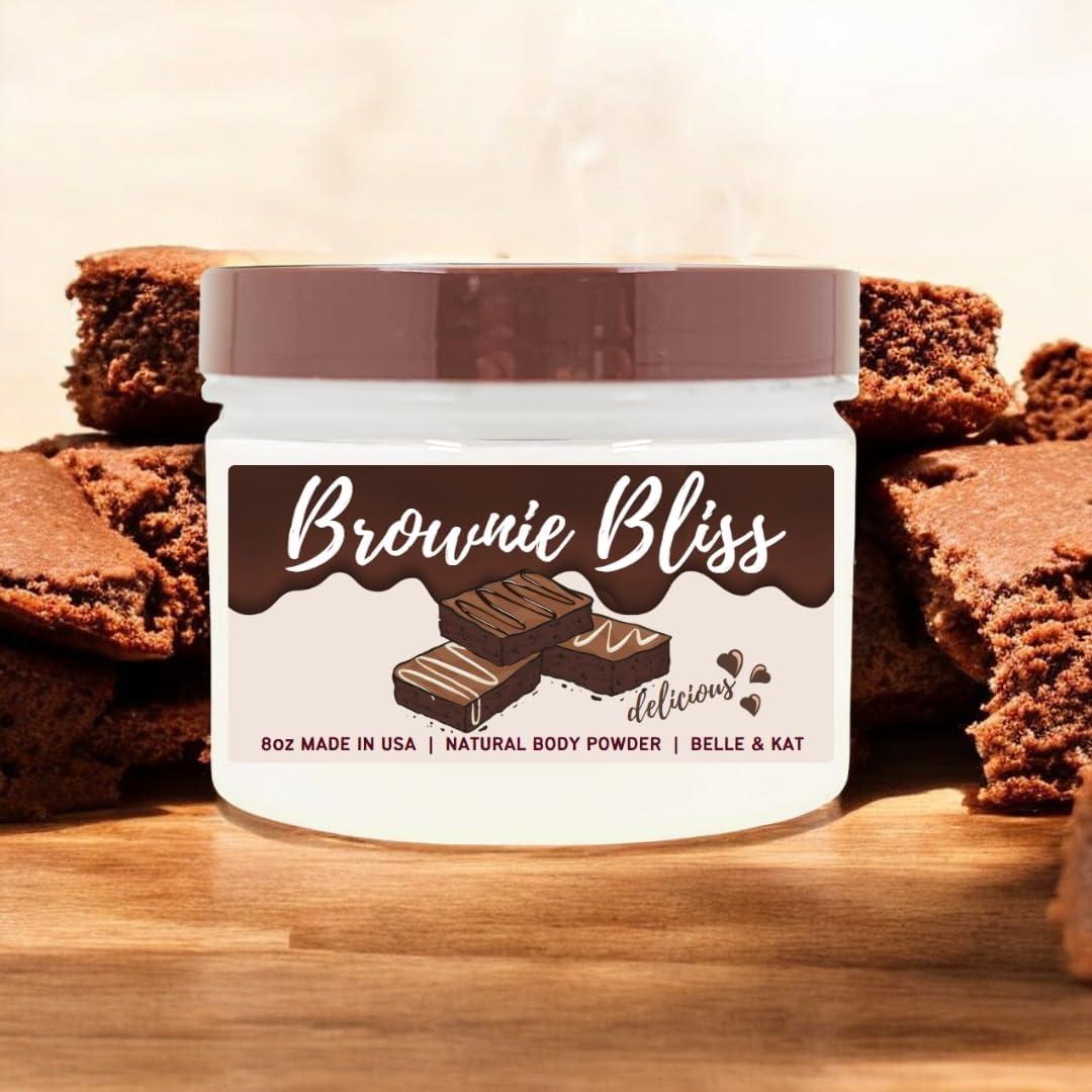 Body Powder for Men & Women Scented Chocolate Brownie Bliss, bath Perfume Dusting Powder with Fragrance & Essential Oils, Talc Free 8oz Container, Made in USA