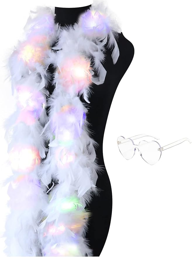 JICASTO Colorful Feather Boas, 6.6ft Boa with 20 Color Lights for Women for Dancing Party Halloween,with Heart Sunglasses