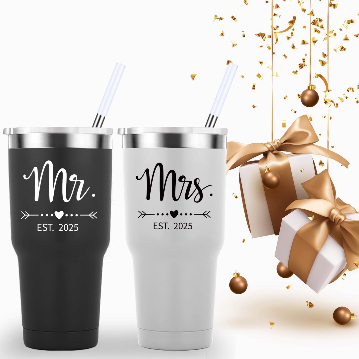Mamihlap Mr and Mrs Est 2025 Travel Mug 30oz Tumbler.Newlyweds Couples Wife Bride To Be Newly Engaged Bridal Shower Gifts.Wedding Tumbler Idea for Bridal Showers Engagement.(Black&White)