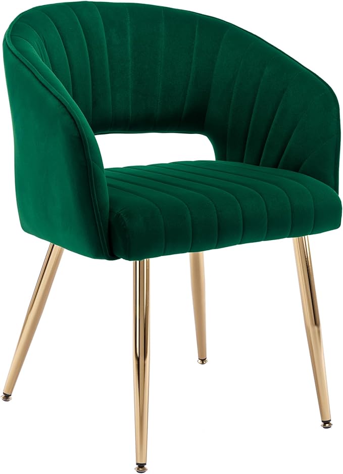 KCC Modern Velvet Desk Chair Accent Armchair Upholstered Tufted Chairs Dining Chairs, Tufted Vanity Chairs Side Chairs with Gold Metal Legs for Dinging Room Living Room Restaurant, 1 PC & Green