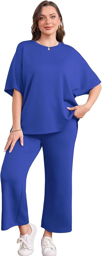 Sampeel Two Piece Sets for Women Summer Outfits Oversized Wide Leg Crop Pants Lounge Sets Airport Beach Vacation Clothes